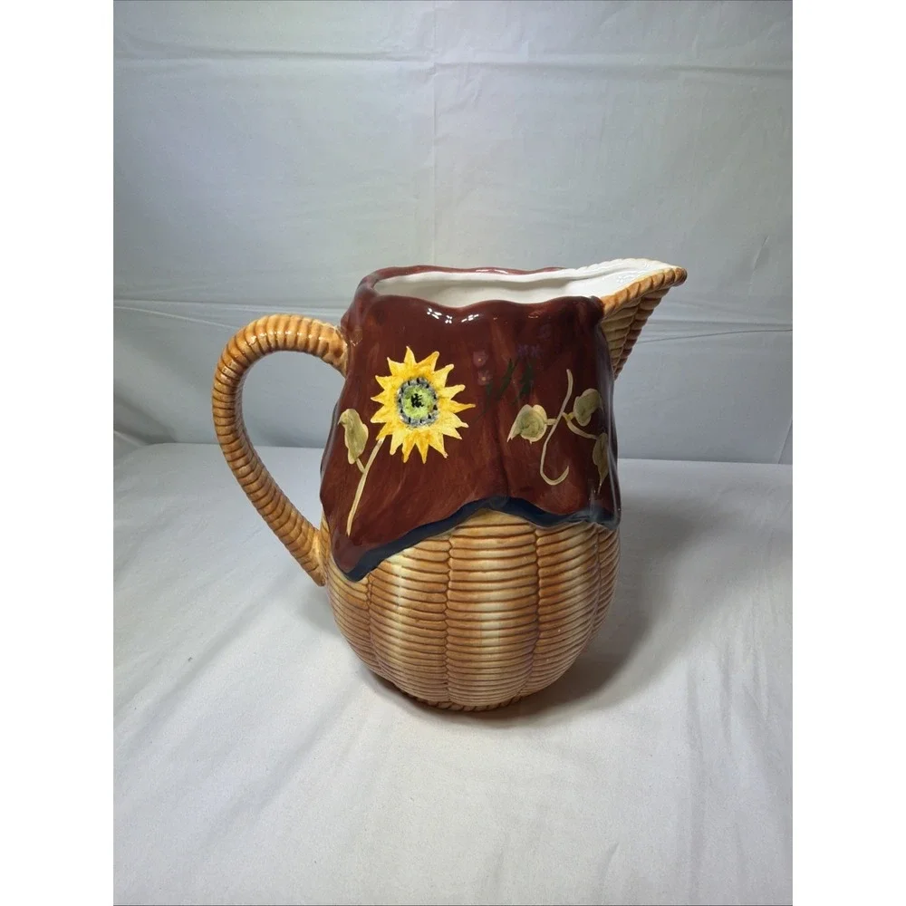 WCL Hand Painted Ceramic Pitcher Basket Weave with Sunflowers 9